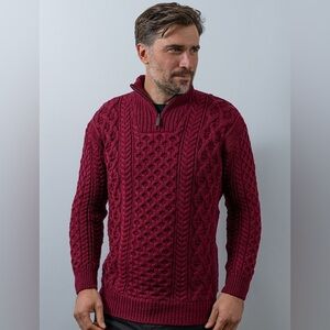 ‎‎Aran Crafts Merino‎ Wo‎ol Cable Knit Aran Sweater Troyer Claret Size Medium